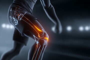 Runner with knee pain and injury, highlighted skeleton and joint inflammation, medical illustration and futuristic render