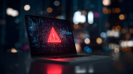 A warning alert appeared prominently on the laptop screen, showcasing a digital code against the backdrop of a vibrant cityscape illuminated at night