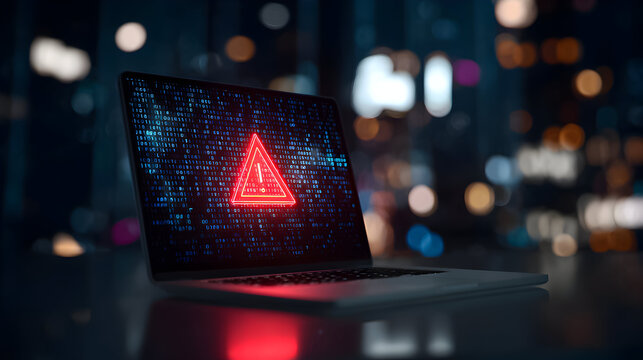 A warning alert appeared prominently on the laptop screen, showcasing a digital code against the backdrop of a vibrant cityscape illuminated at night