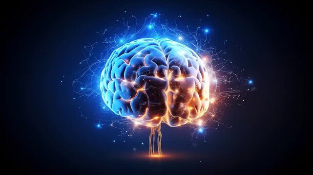 A glowing human brain illustration with blue and orange light, showcasing neurological pathways and neural connections in a dark background