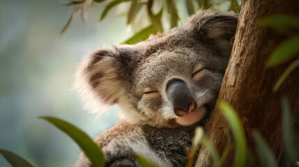 Obraz premium Koala resting peacefully in a eucalyptus tree during a sunny afternoon in Australia’s natural habitat, surrounded by vibrant green foliage and soft light
