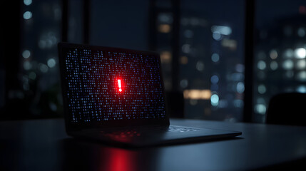 Dark office environment with a laptop displaying a warning symbol among binary code during the late night hours