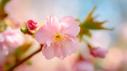 Obraz premium Cherry blossoms blooming in spring sunlight with delicate pink petals and green leaves in a serene outdoor setting