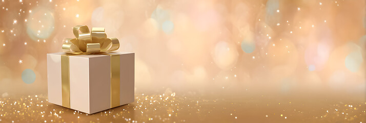 Gift box with golden ribbon on sparkling background, perfect for celebrations and special occasions, conveying joy and excitement during festive seasons