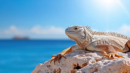 Fototapeta premium Galapagos Iguana lying in the sun on rock. Marine iguana is an endemic species in Galapagos Islands Animals, wildlife and nature of Ecuador. Funny, funky cool looking iguana