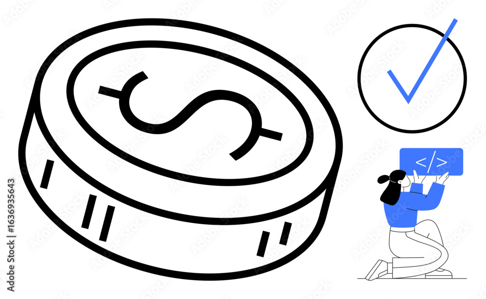 Poster large coin with dollar sign, checkmark, and person coding on laptop. ideal for finance, programming,