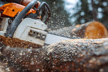 Chainsaw. Close-up of woodcutter sawing chain saw in motion, sawdust fly to sides. Concept is to bring down trees.