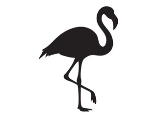 Fototapeta premium Black silhouette of elegant flamingo standing on one leg, isolated on white background. concept of bird, wildlife, grace, tropical nature, icon, logo, design element
