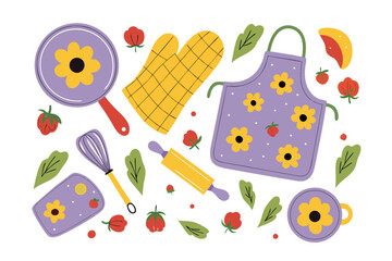 Kitchen essentials: An eye-level illustration of kitchen essentials is on display, depicting a vibrant array of kitchen tools, including a frying pan, an oven mitt, an apron, a whisk, a spatula.