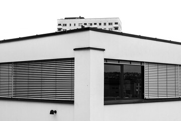 Minimalist Architectural Design Featuring Modern Building with Horizontal Slats and Glass Windows in Black and White