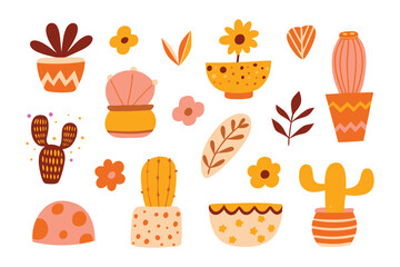 Botanical Serenity: A collection of charming, illustrated potted plants and floral elements creates a soothing scene, radiating a sense of natural beauty and simplicity.