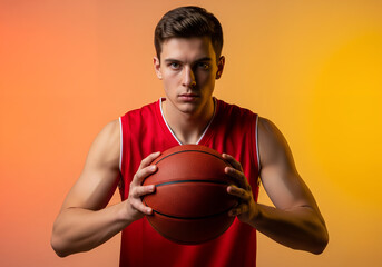 Determined Young Male Basketball Player Holding Ball with Intense Gaze