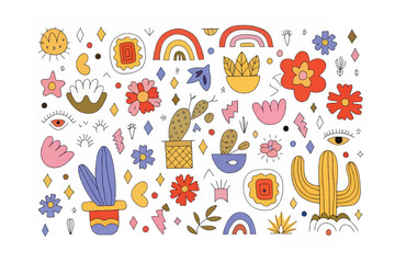 Bohemian Floral Illustration: A collection of artistic and decorative bohemian design elements, featuring colorful flower and cactus in a unique graphic style. 