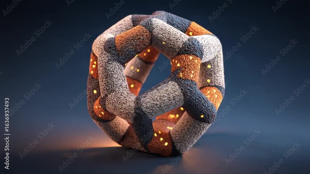 Poster intricate textured three-dimensional object, resembling a complex woven or knitted structure, illumi