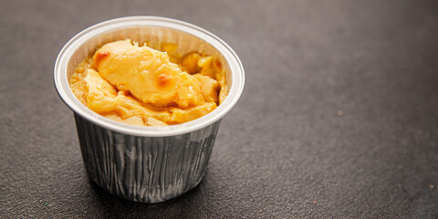 caramel cream dessert flan pudding sweet dessert fresh delicious gourmet food background on the table rustic food top view copy space