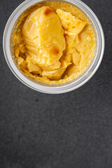 caramel cream dessert flan pudding sweet dessert fresh delicious gourmet food background on the table rustic food top view copy space