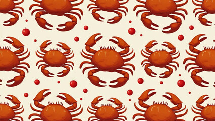 repeating pattern of orange crabs with red circles on a light background for textiles and design