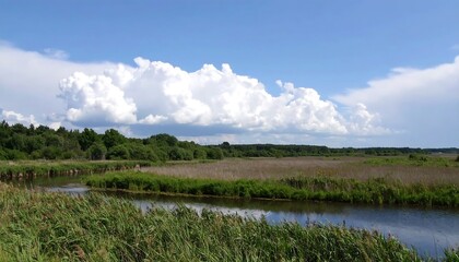 Fototapeta premium Scenic river bend, lush greenery, puffy clouds