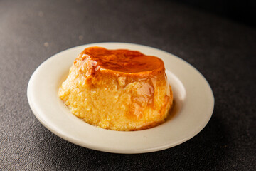 caramel cream dessert flan pudding sweet dessert fresh delicious gourmet food background on the table rustic food top view copy space