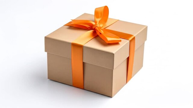 A gold-toned gift box with an orange ribbon tied in a bow on top. It's centered on a white backdrop, simple yet elegant