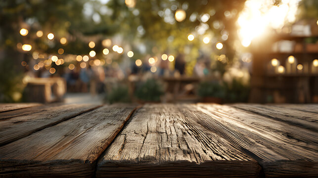Backyard background with empty dining table surface table. Neighborhood party backyard bbq table, summer barbecue background. Garden dinner table, rustic wood summer cookout background outdoor blur

K