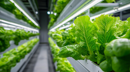 Bright indoor hydroponic vertical farm with fresh leafy greens