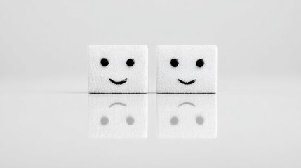 Smiling sugar cubes with faces on white background