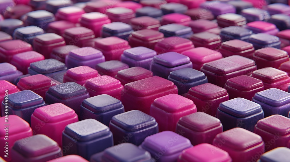 Poster close-up view of a repeating pattern of small, square, colored objects.