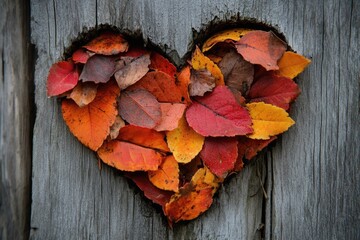 A heart shape carved from wood is filled with colorful autumn leaves.