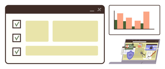 Checklist with completed tasks, bar chart for performance tracking, and laptop with security icons. Ideal for productivity, organization, analytics, cybersecurity, workflow, planning simple flat