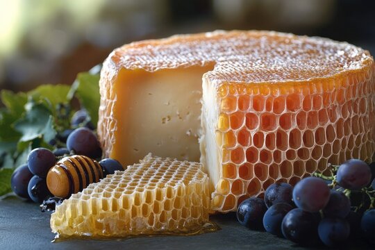 Artisanal cheese wheel covered in honeycomb with fresh grapes, displayed creatively in an appetizing and visually appealing food arrangement.