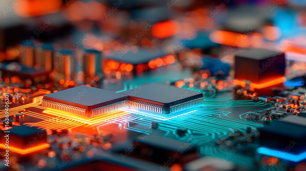 Poster close-up view of illuminated computer circuit board components.