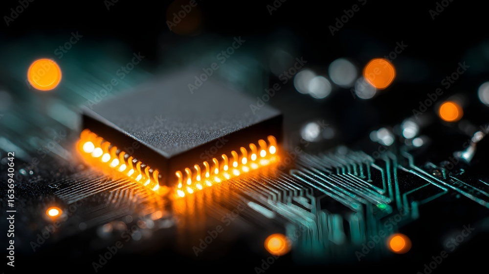 Poster close-up view of a glowing computer chip on a circuit board.