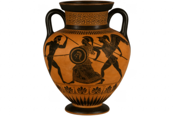 Ancient Greek amphora depicting warriors fighting with transparent background