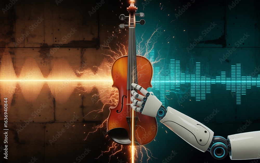 Aufkleber robot hand playing a violin with sound waves and equalizer graphics