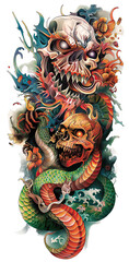 Naklejka premium Dragon and Skull Tattoo Design with Vibrant Colors