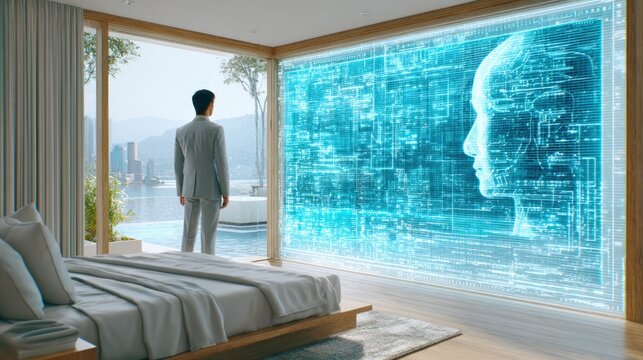 Man in Smart Bedroom with AI Interface