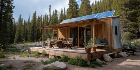 Obraz premium Eco-friendly wooden cabin with solar panels in forest setting