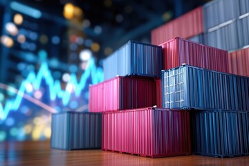 Obraz premium Colorful shipping containers stacked against blurred city lights and financial graph