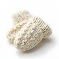Extreme close-up of hand-knit wool mitten showcasing cozy yarn fibers, warm winter accessory, handmade knitwear, soft textured wool, perfect for cold weather, isolated on pure white background