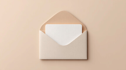 Elegant mockup of an open beige envelope with a blank card on a soft neutral background. Perfect for showcasing invitations, greeting cards, or branding designs.
