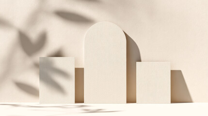 Elegant mockup of three blank textured invitation cards in different shapes and sizes, arranged against a soft neutral background with artistic leaf shadows. Perfect for wedding stationery
