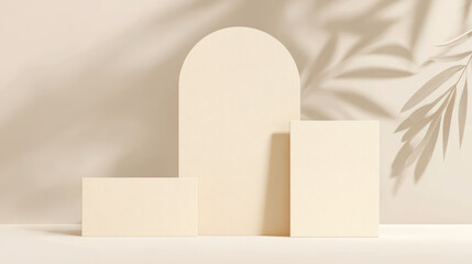 Minimalist mockup of three blank invitation cards in various shapes on a neutral background with soft leaf shadows, perfect for showcasing wedding stationery and elegant designs