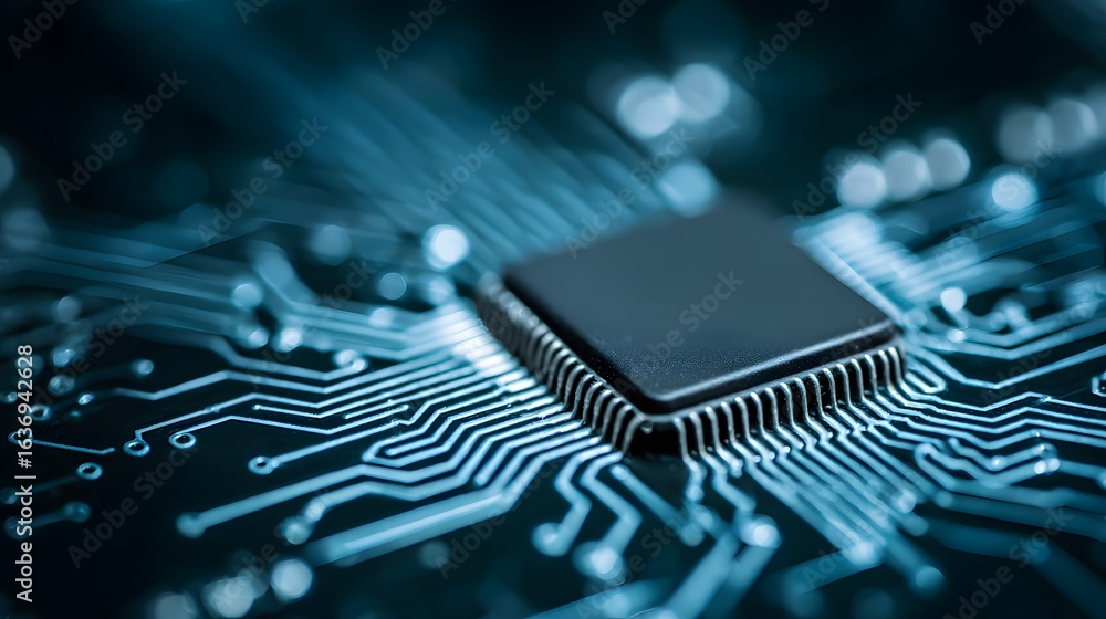 Poster close-up of a computer chip on a circuit board.