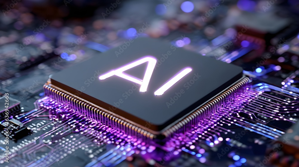 Poster close-up view of an ai processor on a circuit board.