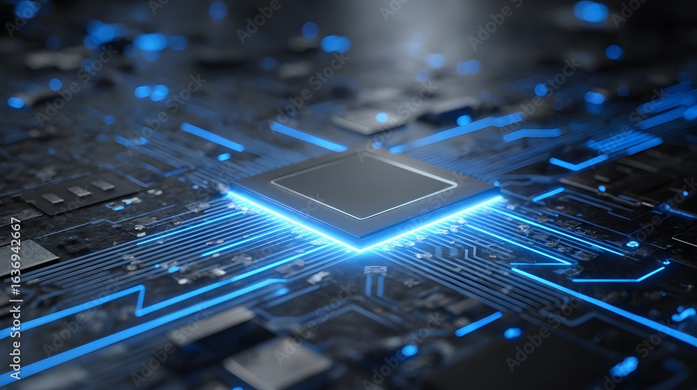 Poster close-up view of a circuit board with a highlighted processor.