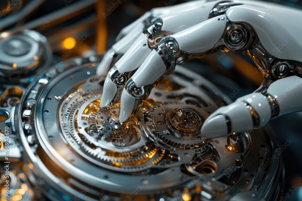 Poster robot hand meticulously assembling intricate gears, showcasing precision engineering and technologic