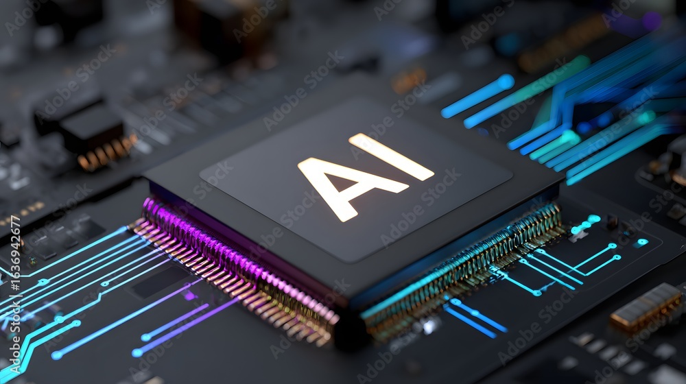 Poster close-up view of an artificial intelligence chip on a circuit board.