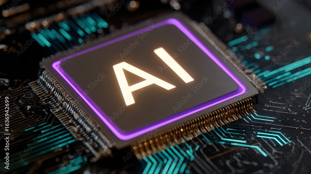 Poster close-up view of an ai processor chip on a circuit board.