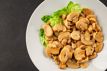 champignon slices canned mushrooms salad fresh delicious gourmet food background on the table ...